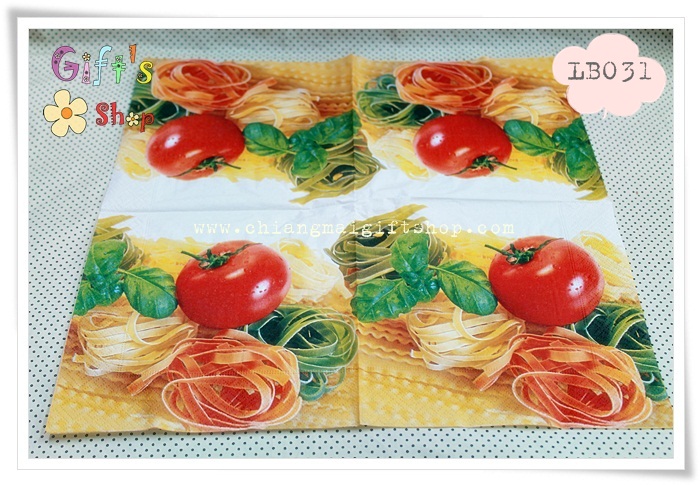 กระดาษแนปกิ้น ลายเส้นพาสต้า มะเขือเทศ พื้นหลังสีขาว เหลือง