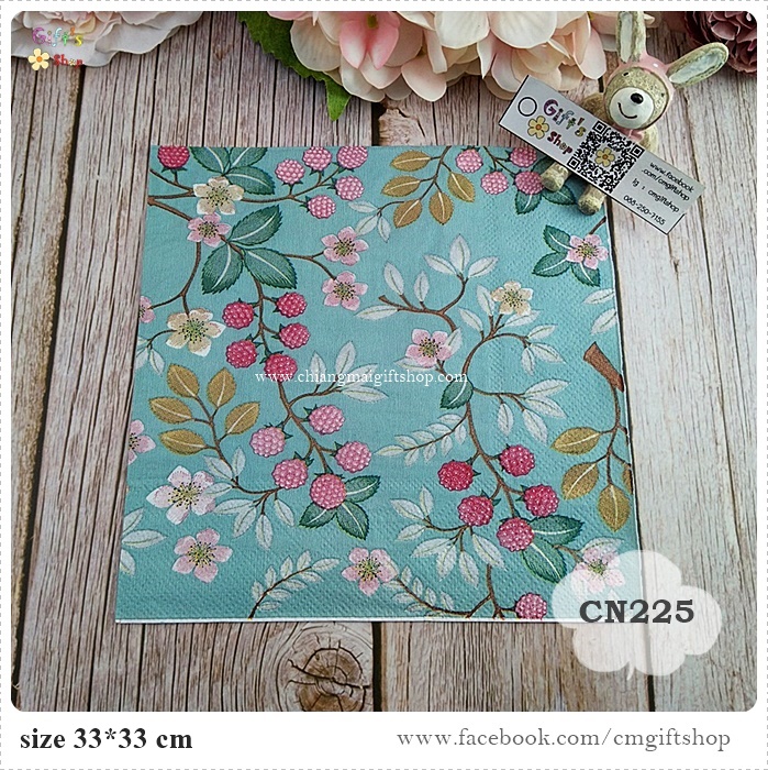 กระดาษแนปกิ้น, ลายเบอร์รี่สีชมพูสีแดง, ลายเบอร์รี่, ลายราสเบอร์รี่, ลายผลไม้, ลายเต็มผืน, ลายดอกไม้เล็กๆ, ลายดอกไม้สีชมพู, ลายดอกไม้สีขาว, พื้นหลังสีเขียวอมฟ้า, ลายแนววินเทจ, สีคลาสสิก, ลายช่อดอกไม้