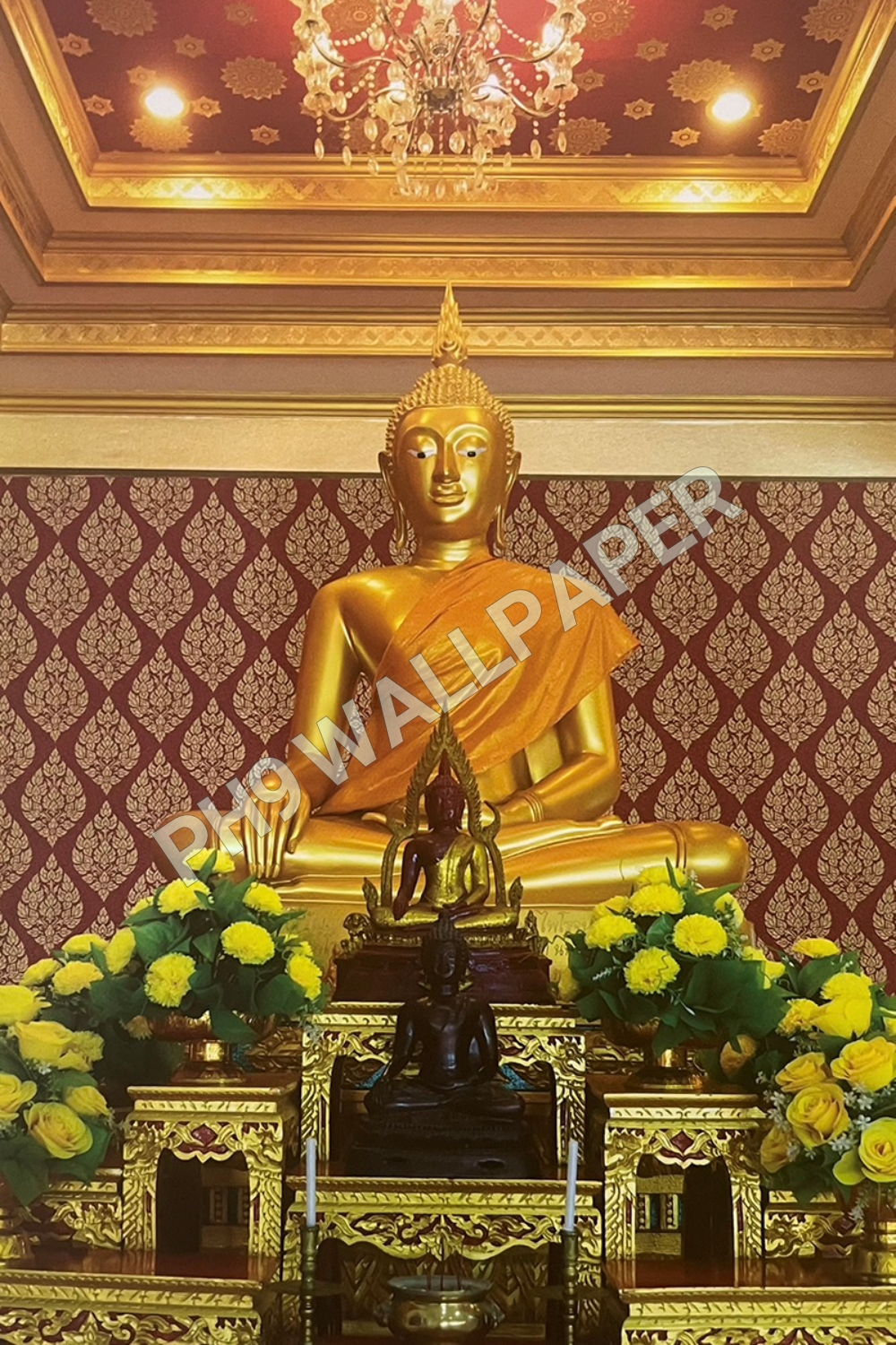 วอลเปเปอร์ติดผนัง ลายพุ่มข้าวบิณฑ์ สีทอง พื้นแดง/ขาว/ทอง/ดำ LT-2510