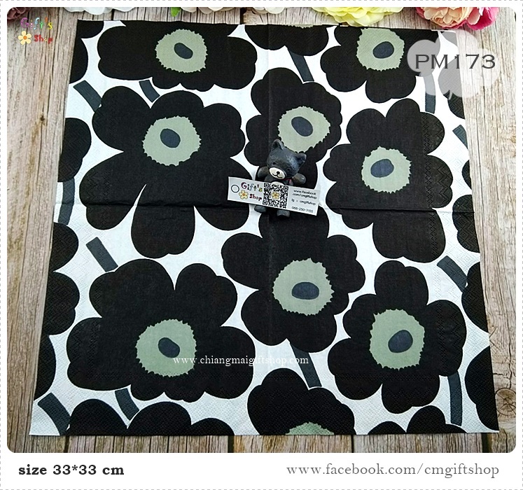 กระดาษแนปกิ้นยุโรป, ลายดอกไม้สีดำเกสรสีเทา, ลาย UNIKKO white black, ลายของ marimekko, พื้นหลังสีขาว, ลายดอกไม้ใหญ่ๆ