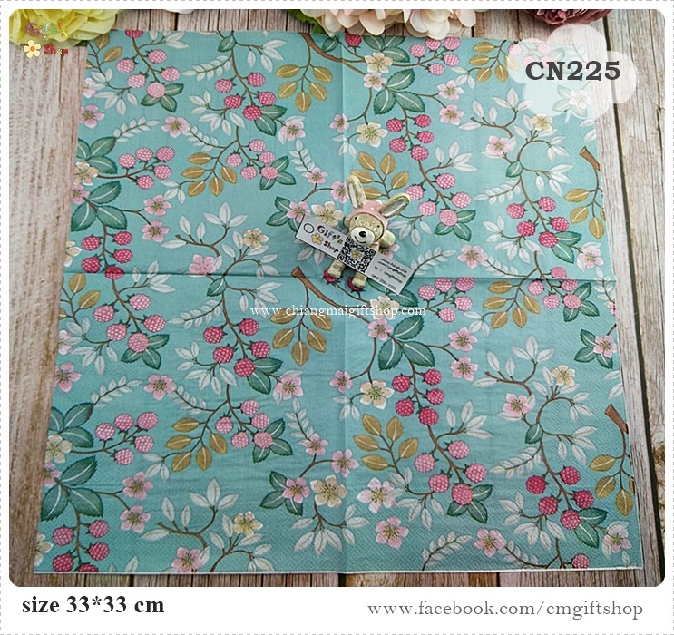 กระดาษแนปกิ้น, ลายเบอร์รี่สีชมพูสีแดง, ลายเบอร์รี่, ลายราสเบอร์รี่, ลายผลไม้, ลายเต็มผืน, ลายดอกไม้เล็กๆ, ลายดอกไม้สีชมพู, ลายดอกไม้สีขาว, พื้นหลังสีเขียวอมฟ้า, ลายแนววินเทจ, สีคลาสสิก, ลายช่อดอกไม้