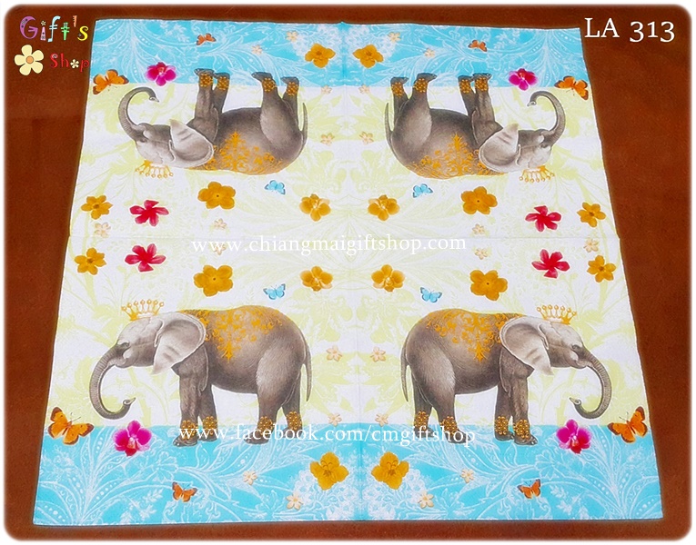 กระดาษแนปกิ้นยุโรป, ลายช้าง, ลายช้างใส่มงกุฎสีทอง ลำตัวช้างเพนท์ลวดลายสีทองที่ตัวและขาทั้งสี่ขา, ลายดอกไม้และผีเสื้อบิน, พื้นหลังลายฟ้าเขียวขาว