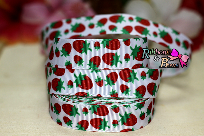 ริบบิ้นผ้าพิมพ์ลาย สตรอว์เบอร์รี กว้าง 22 mm #FF11