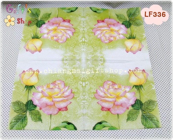 กระดาษแนปกิ้น, ลายดอกกุหลาบ, ลายดอกกุหลาบสีเหลือง, ลายดอกกุหลาบสีชมพู, พื้นหลังสีเขียวอ่อน, พื้นหลังสีอ่อน