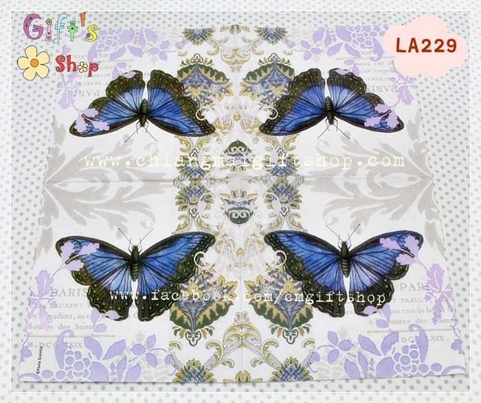 กระดาษแนปกิ้น ลายผีเสื้อ ดอกไม้สีม่วง พื้นหลังสีเทา