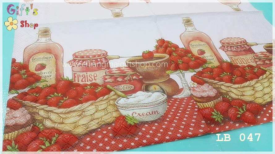 กระดาษแนปกิ้นยุโรป, ลาย Strawberry flavor, ลายสตรอเบอร์รี่, ลายขวดแยม, ลายครีม, ลายโทนสีแดง, ลายผลไม้, ลายขนม, พื้นหลังสีขาว