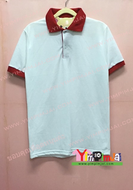 เสื้อโปโล สีขาว คอปกแดง แขนสั้นขอบแดง สกรีนตามสั่ง เสื้อเปล่า