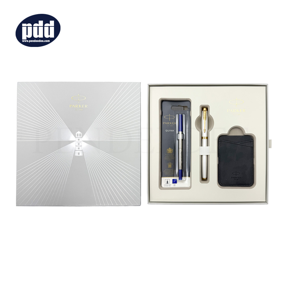 PARKER IM Graduation Rollerball Pen + Card Holder ปากกาโรลเลอร์บอล + การ์ดโฮลเดอร์ ป๊ากเกอร์ เกรดูเอชั่น ขาว คลิปทอง