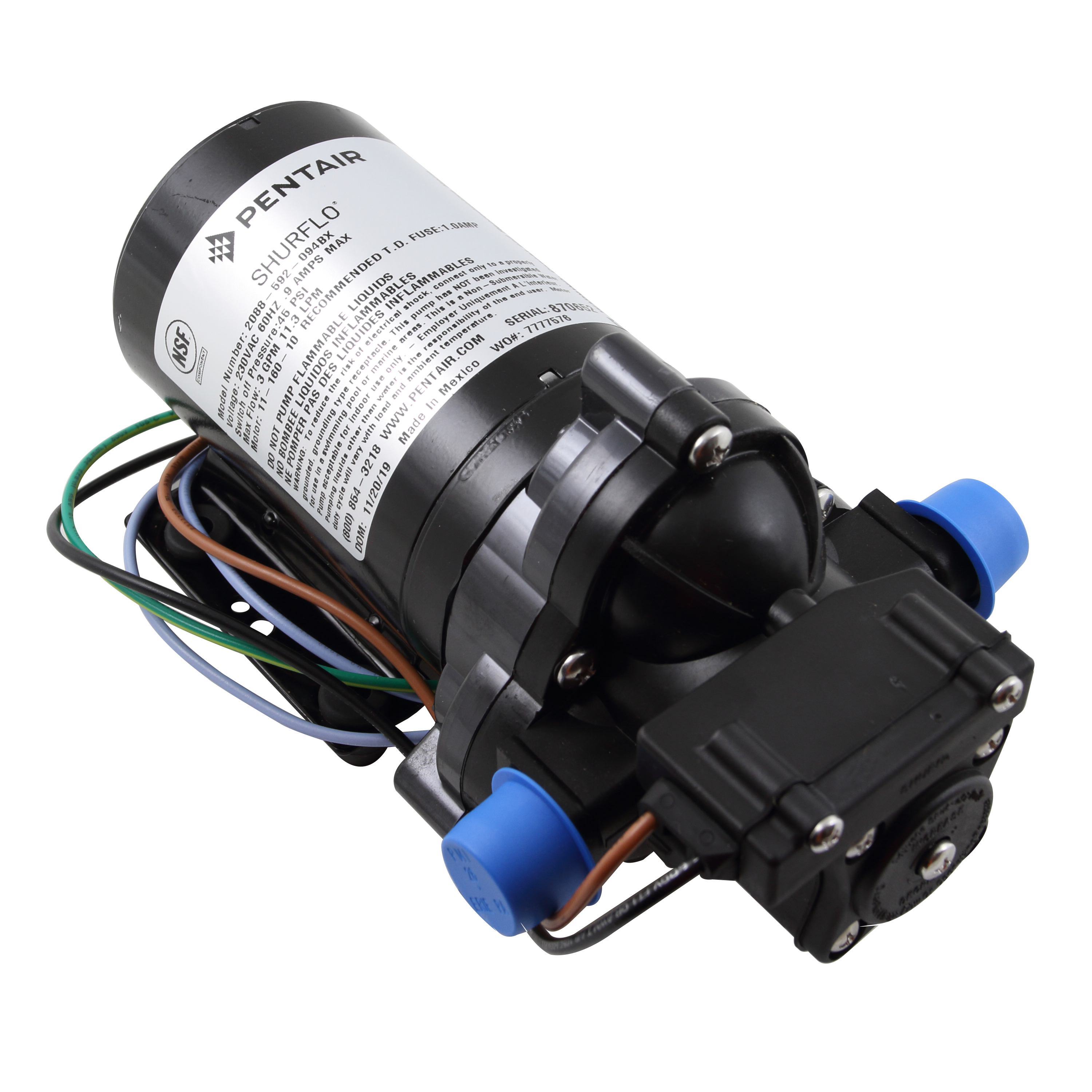 ปั๊ม Diaphragm SHURFLO 3 GPM 230 VAC (สีน้ำเงิน) (2088-564-144) USA