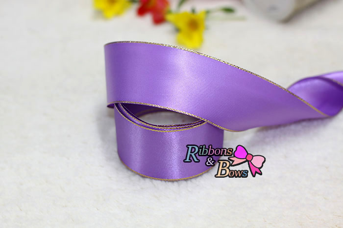 ริบบิ้นผ้าซาตินขอบทอง 2 หน้า สีม่วง ขนาด 38 mm WB14