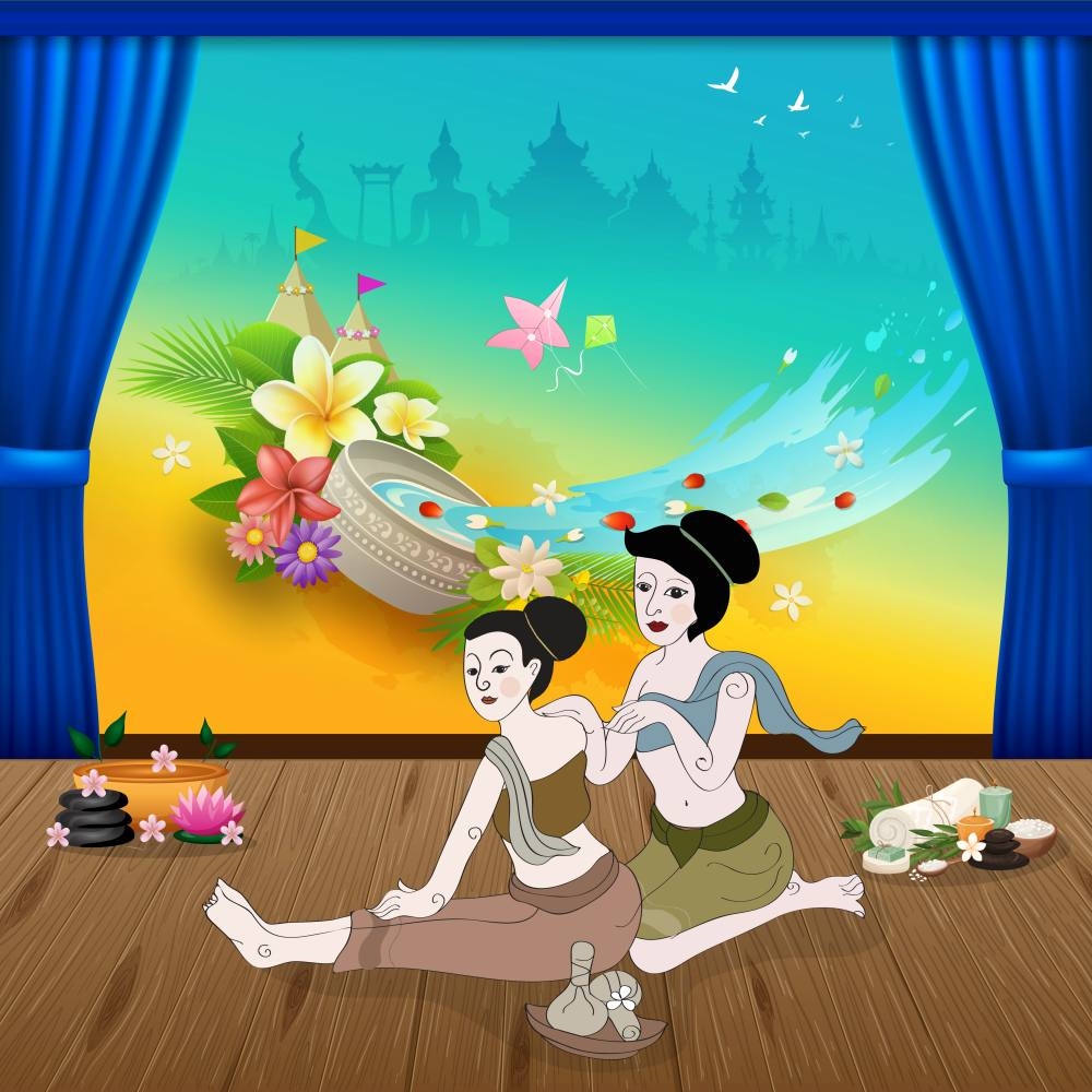 สติ๊กเกอร์ตกแต่งผนัง กระจก ร้านสปาไทย ร้านนวดไทย (ST-SPA8) ภาพคนนวด-ฉากหลังภาพเทศกาลสงกรานต์ไทย ST-SPA8