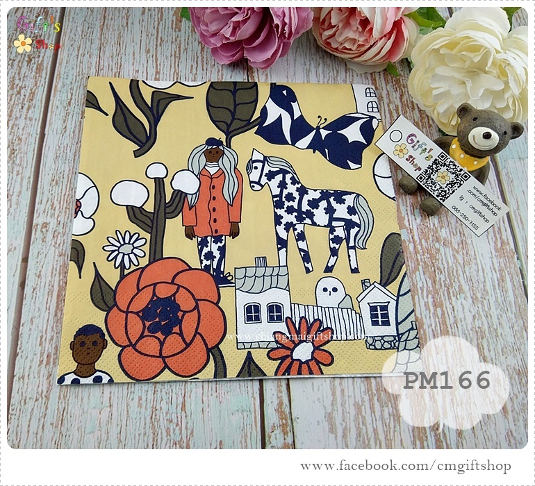 กระดาษแนปกิ้นยุโรป, ลายของ marimekko, ลาย MARIKYLA cream, ลายผู้หญิง, ลายม้า, ลายบ้าน, ลายดอกไม้, พื้นหลังสีครีม
