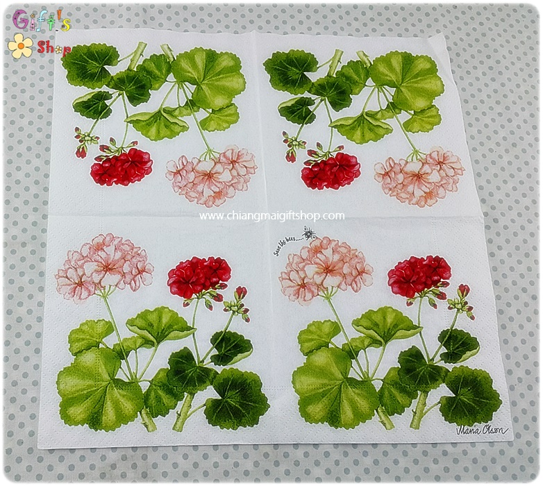กระดาษแนปกิ้นยุโรป, ลายดอกเจอเรเนียม, ลายดอกไม้สีแดง, ลายดอกไม้สีชมพู, ลายใบสีเขียว, พื้นหลังสีขาว, ลายGeranium