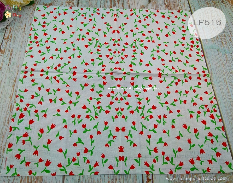 กระดาษแนปกิ้น ลายดอกทิวลิปสีแดง ลายดอกทิวลิปเล็กๆ สีแดง พื้นหลังสีขาว Tulip Confetti