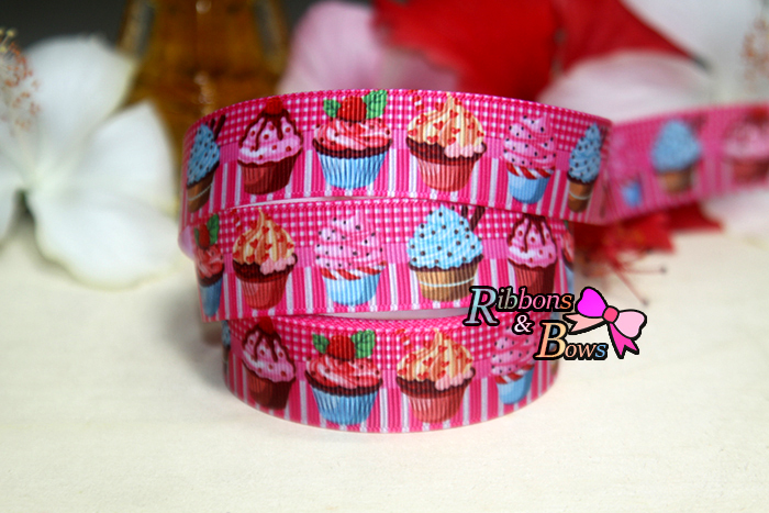 ริบบิ้นผ้าพิมพ์ลาย คัพเค้ก กว้าง 22 mm #FF04
