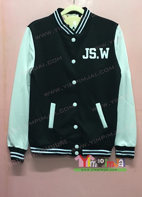 เสื้อกันหนาว เบสบอล สีดำ แขนขาว กระดุมขาว ลายตามสั่ง เสื้อห้อง เสื้อรุ่น JS.W Wang 852