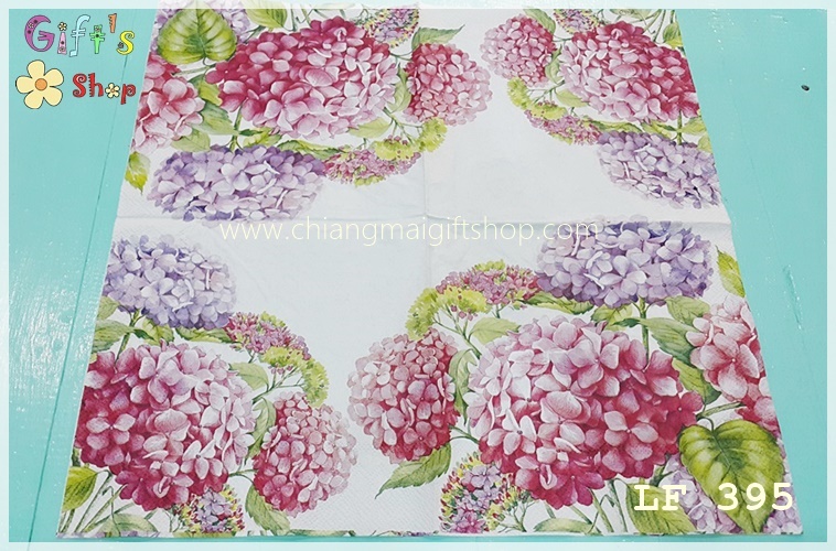 กระดาษแนปกิ้น ลาย Sea of pink blossoms ลายดอกไฮเดรนเยีย สีชมพู สีม่วง พื้นหลังสีขาว