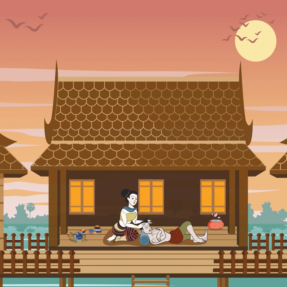 สติ๊กเกอร์ตกแต่งผนัง กระจก ร้านสปาไทย ร้านนวดไทย ภาพคนนวด-ภาพฉากหลังบ้านเรือนไทย ST-SPA11