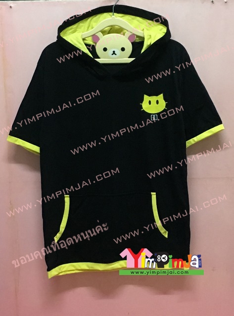 เสื้อฮู้ด สีดำ แขนสั้น หมวกดำในเขียว มีกระเป๋า ไร้ซิป สกรีนตามสั่ง X รูปแมวน้อย