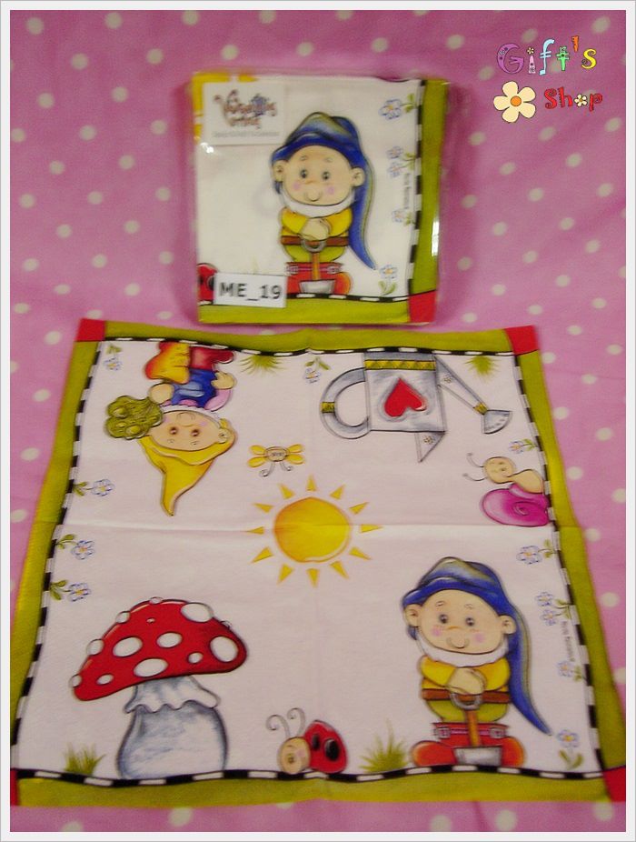 กระดาษแนปกิ้น ลายคนสวน เห็ด บัวรดน้ำ พื้นหลังสีขาว ขอบเส้นขาวดำ