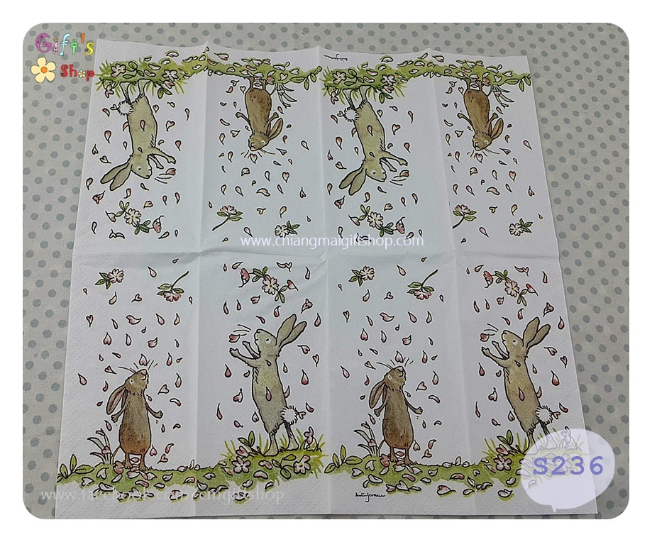 กระดาษแนปกิ้น ลายกระต่ายสีน้ำตาลอ่อน สีเทา ลายกระต่ายตัวเล็ก กับดอกไม้เล็กๆ พื้นหลังสีขาว Blossoms and Bunnies white