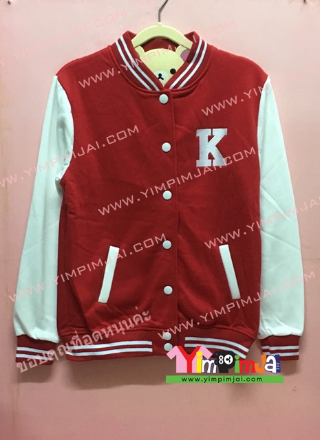 เสื้อกันหนาว เบสบอล สีแดง แขนยาวขาว กระดุมขาว ลายตามสั่ง เสื้อห้อง เสื้อรุ่น K
