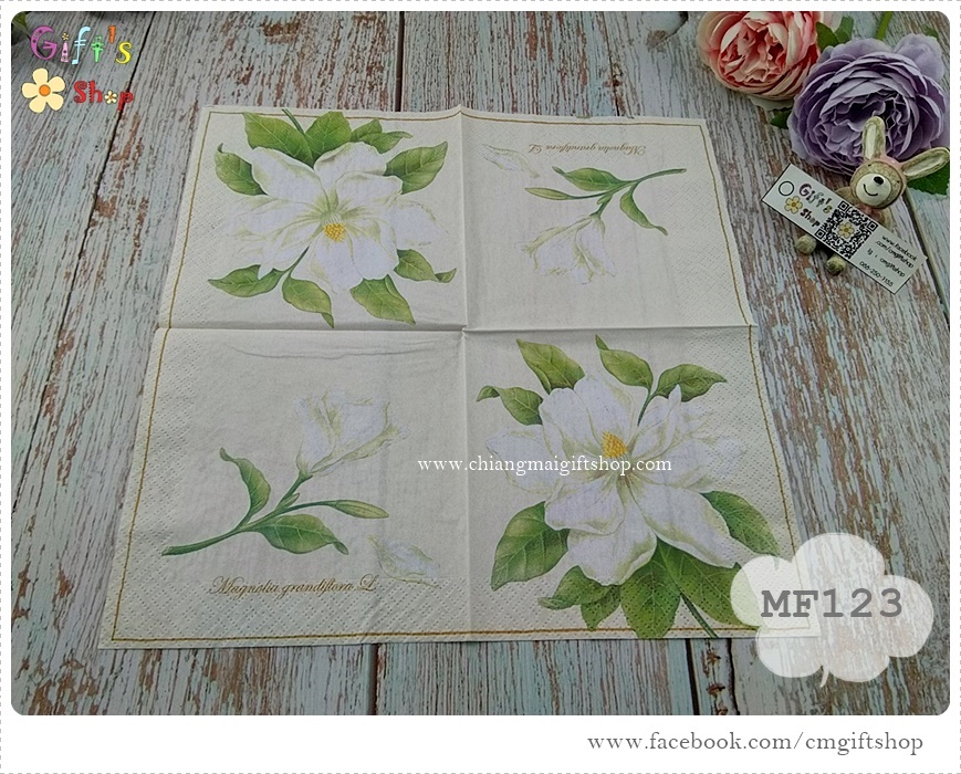 กระดาษแนปกิ้นยุโรป ลายดอกไม้, ลายดอกแมกโนเลีย, ลายดอกไม้สีขาว, พื้นหลังสีครีม, มีตัวอักษรภาษาอังกฤษ