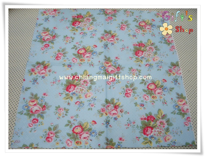 กระดาษแนปกิ้นยุโรป, ลายดอกไม้สีแดง, ลายดอกไม้ชมพู, ลายดอกไม้สีเหลือง, พื้นหลังสีฟ้าอ่อน, ลายของ Cath kidston, ลายTrailing flower blue