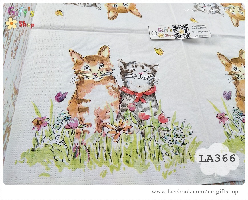 กระดาษแนปกิ้น ลาย O'Malley & friend, ลายแมวสองตัว, ลายน้องแมว, ลายแมว, พื้นหลังสีขาว