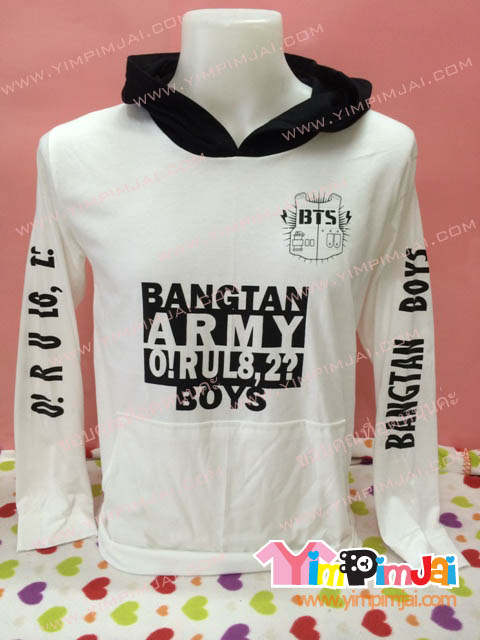 เสื้อฮู้ด เสื้อรุ่น สีขาว หมวกดำ สกรีนตามสั่ง BANGTAN ARMY BOYS