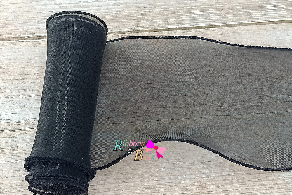 ริบบิ้นผ้าเย็บขอบสีดำ ผ้าไหมแก้ว ขนาด 10 ซม. (ขายเป็นหลา)