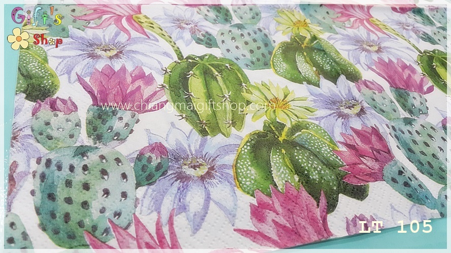 กระดาษแนปกิ้น ลาย watercolour exotic flowers ภาพสีน้ำต้นกระบองเพชร แคคตัส