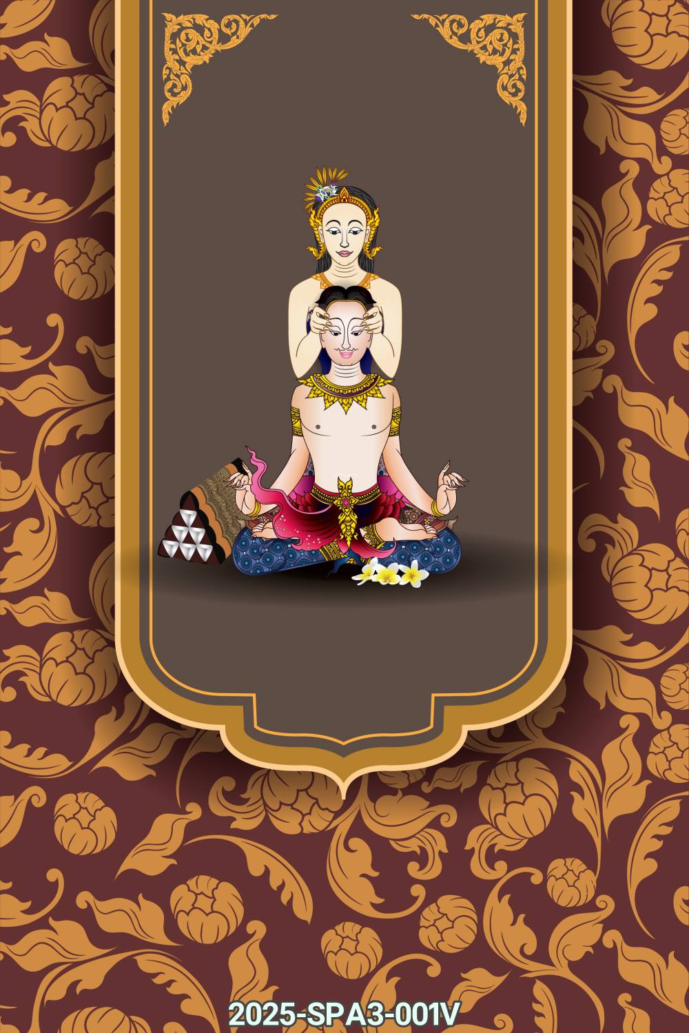 สติ๊กเกอร์ภาพการ์ตูนนวดพื้นหลังลายไทย แต่งร้านนวด สปาไทย 2025-SPA3-001