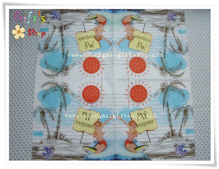 กระดาษแนปกิ้นยุโรป, ลายผู้หญิงโต้คลื่น, ลายชายหาด, ลายทะเล, ลายแนวทะเล, ลายต้นมะพร้าว, ลายsummer, พื้นหลังสีขาว