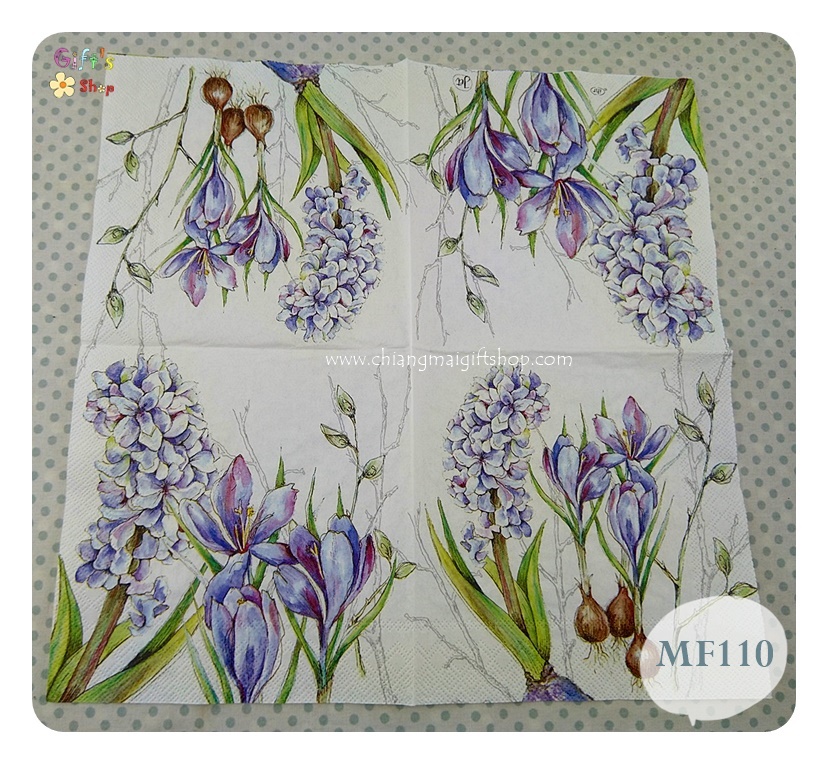 กระดาษแนปกิ้นยุโรป, ลายDuet in spring, ลายดอกไม้, ลายดอกไม้สีม่วง, ลายดอกไม้โทนสีม่วง, ลายดอกไม้สีม่วงสองแบบ, ลายดอกไม้สีม่วงวาดสีน้ำ, พื้นหลังสีขาว
