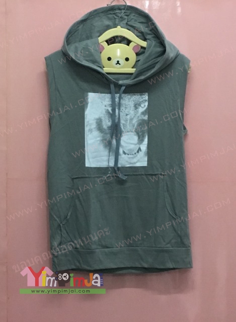 เสื้อฮู้ดผ้าคอตตอนแขนกุดสีเทา สกรีนหมาป่า wolf88