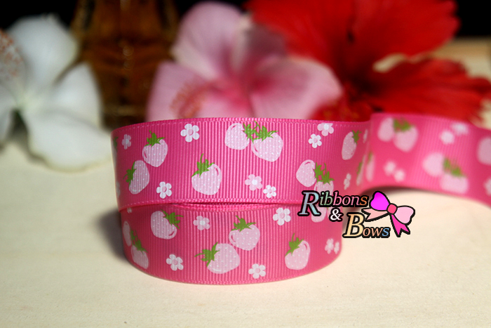 ริบบิ้นผ้าพิมพ์ลาย สตรอว์เบอร์รี กว้าง 25 mm #FF08