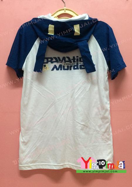 เสื้อฮู้ด สีขาว แขนสั้นน้ำเงิน หมวกน้ำเงิน สกรีนตามสั่ง