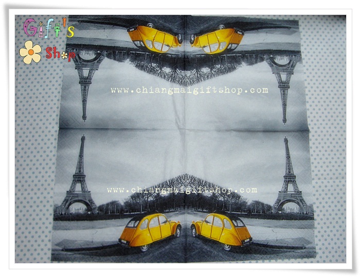 กระดาษแนปกิ้น ลายฝรั่งเศส รถสีเหลือง พื้นหลังสีขาวดำ หอไอเฟล