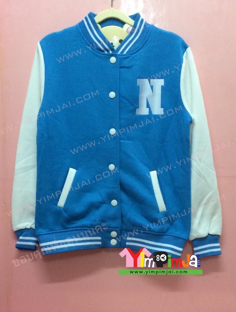 เสื้อกันหนาว เบสบอล สีฟ้า แขนยาวขาว ลายตามสั่ง เสื้อห้อง เสื้อรุ่น N PA and NEY 74