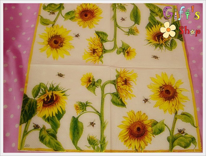 กระดาษแนปกิ้น ลายดอกทานตะวัน พื้นหลังสีขาว ขอบสีทอง