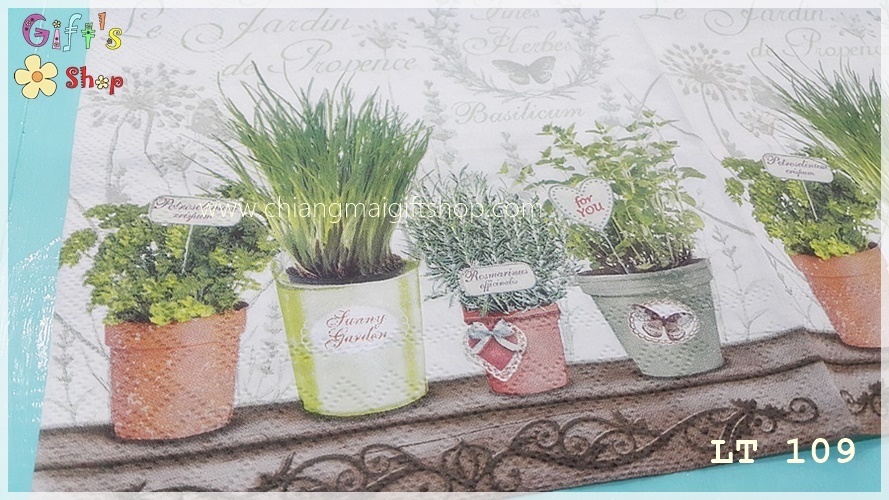 กระดาษแนปกิ้น ลาย Le Jardin De Provence กระถางสมุนไพร พื้นหลังสีขาว
