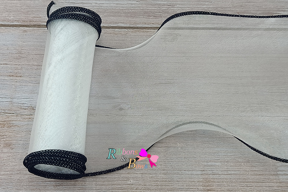 ริบบิ้นผ้าเย็บขอบสีดำ ผ้าไหมแก้ว ขนาด 10 ซม. (ขายเป็นหลา)