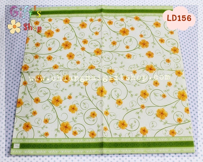 กระดาษแนปกิ้น ลายดอกไม้สีเหลือง ก้านสีเขียว พื้นหลังสีเขียวอ่อน
