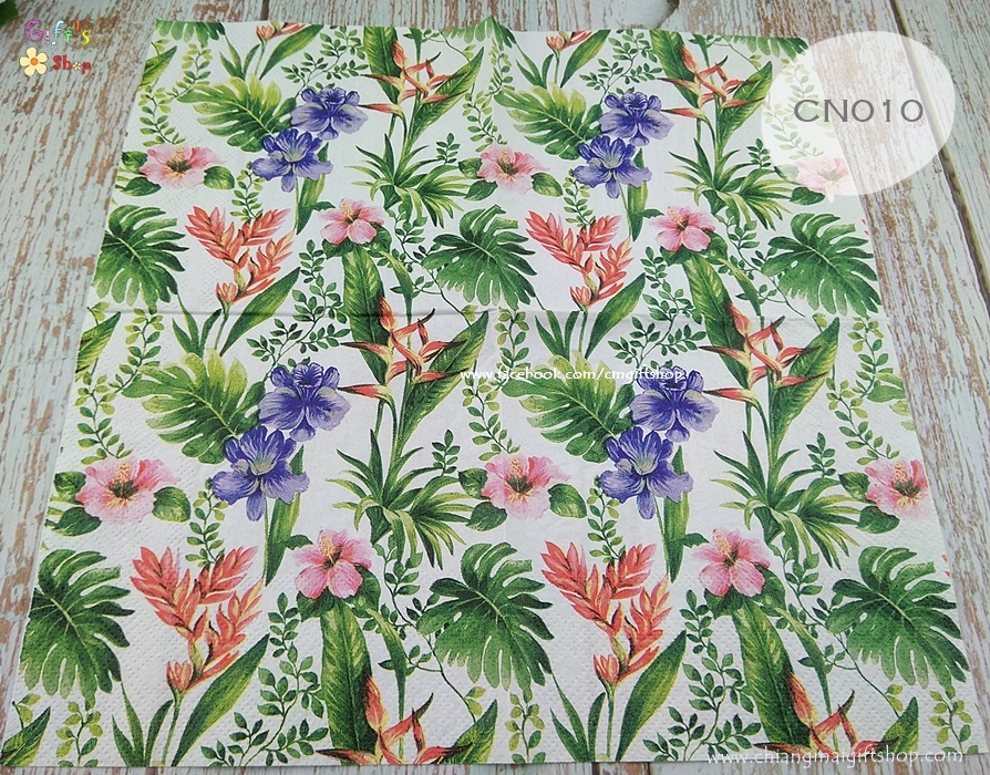 กระดาษแนปกิ้น 25*25 ซม. ลายดอกไม้ในป่าทรอปิคอล ลายดอกชบา ลายดอกไม้สีชมพู ลายดอกไม้สีม่วง ลายดอกไม้สีส้ม ลายใบมอนสเตอร่า พื้นหลังสีขาว