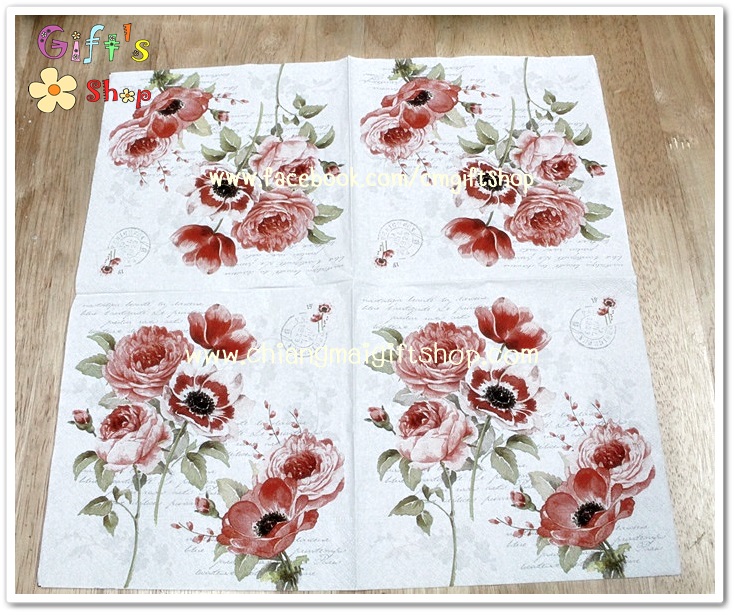 กระดาษแนปกิ้น ลายดอกกุหลาบสีแดง พื้นหลังสีขาว