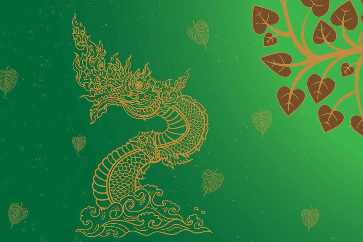 วอลเปเปอร์ภาพพิมพ์ ต้นโพธิ์-เทวดา-พญานาค ดีไซน์ใหม่ล่าสุด สีเขียว CV-BDT2025-005GN