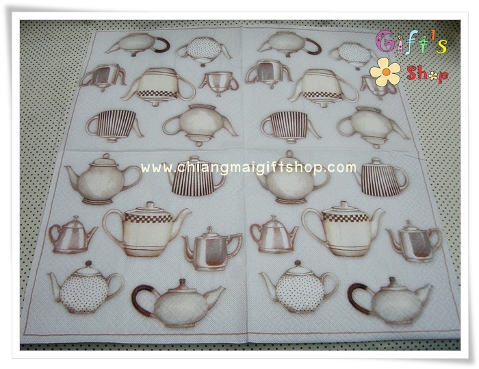 กระดาษแนปกิ้น ลายกาน้ำชา คลาสสิก classic พื้นหลังสีขาว จุด