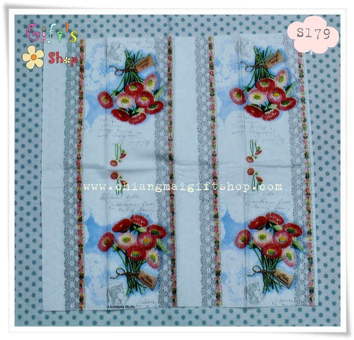 กระดาษแนปกิ้น ลายดอกไม้สีแดง พื้นหลังสีขาว