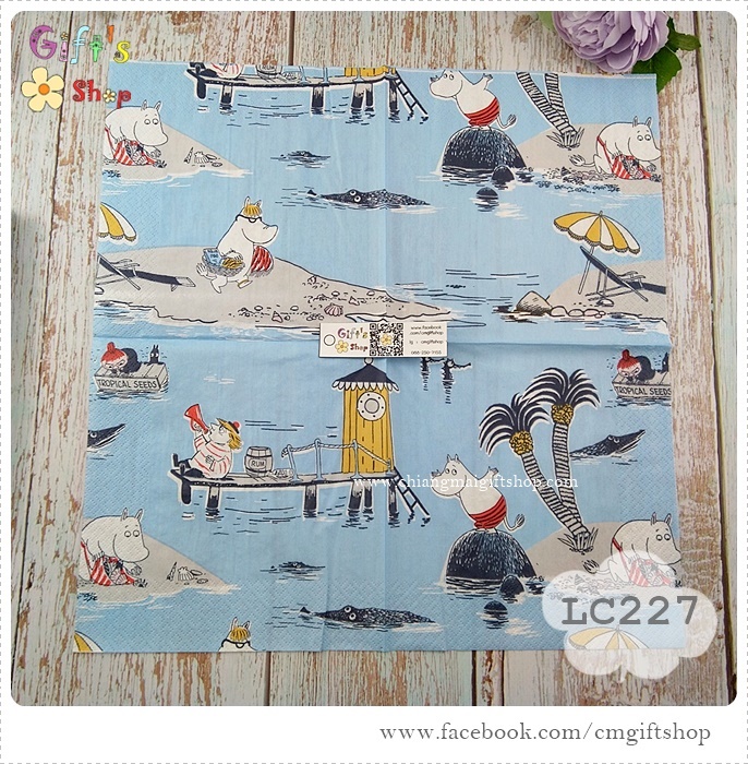 กระดาษแนปกิ้นยุโรป, ลาย Treasure Island blue, ลายของ MOOMIN, ลายมูมิน, ลายเกาะมหาสมบัติของมูมิน, ลายแนวทะเล, พื้นหลังสีอ่อน, ลายเกาะ , พื้นหลังสีฟ้า